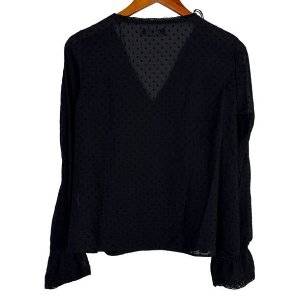 Zara Swiss Dotted Ruffle Detail Semi Sheer Long Sleeve V Neck Blouse XS Black - Picture 13 of 15
